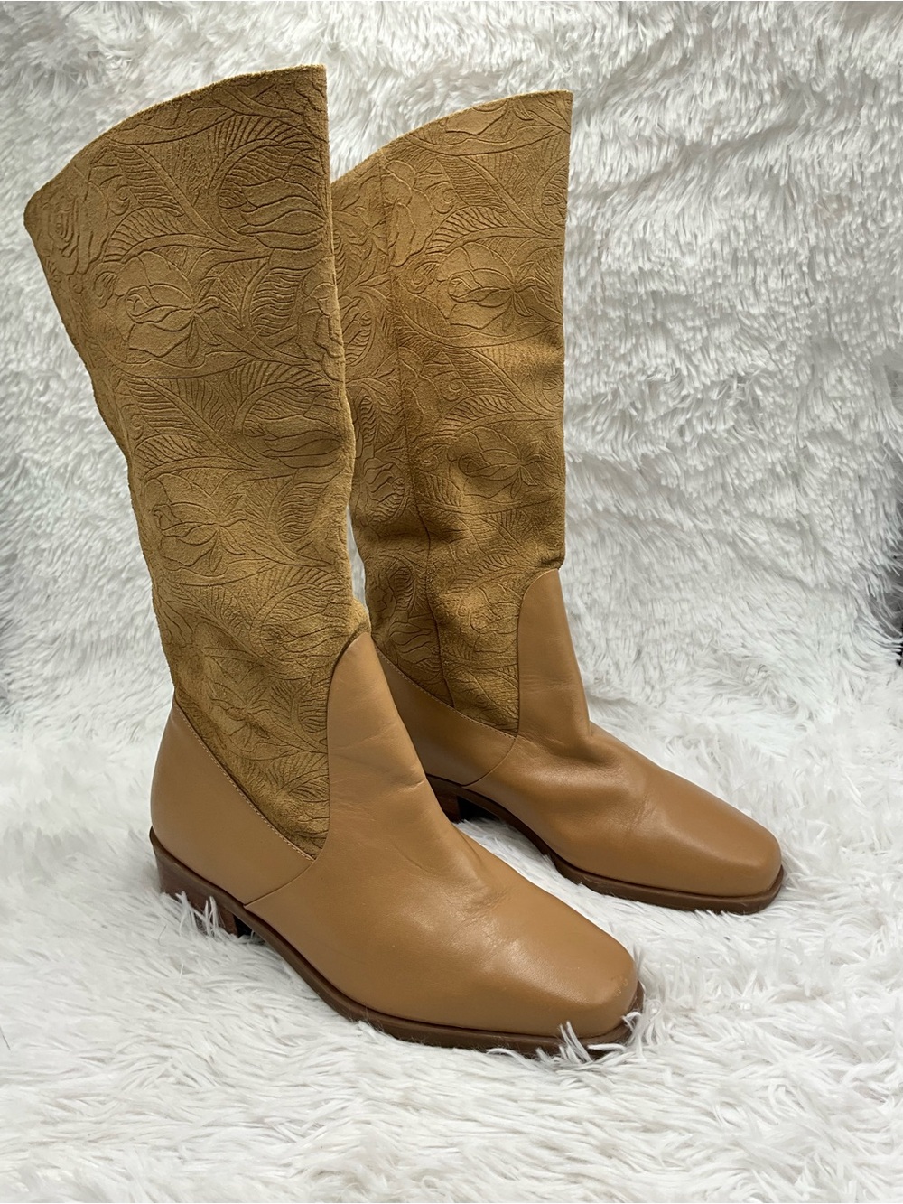 Markon “Suela” Mid Calf Boots Size 7W Tan Leather Suede Floral Embossed Boots
